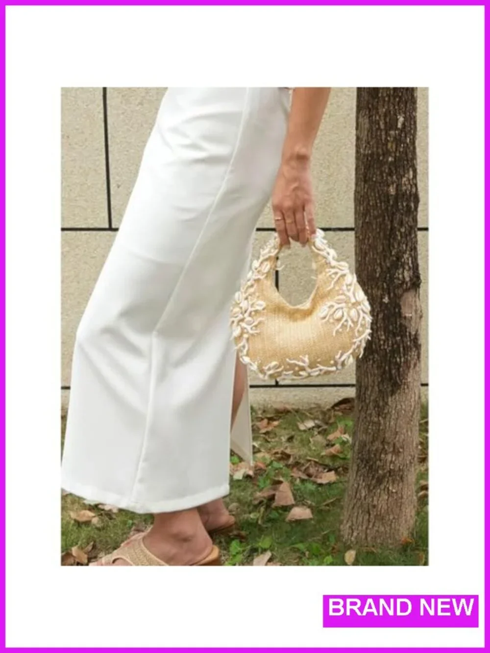 Shell Beaded Straw Clutch Purse Handwoven Evening Bag